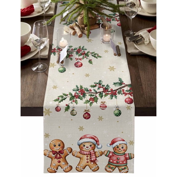 Table Runner Dresser Scarves 48 Inch Long,Winter Gingerbread Man Xmas Ball Linen Dining Table Runners
