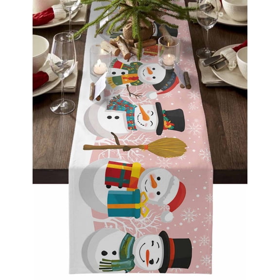 Table Runner Dresser Scarves 48 Inch Long,Winter Snowman on Pink Linen Dining Table Runners