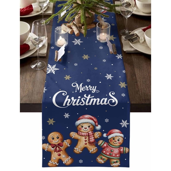 Table Runner Dresser Scarves 48 Inch Long,Xmas Ginger Bread Man Snowflakes on Blue Linen Dining Table Runners