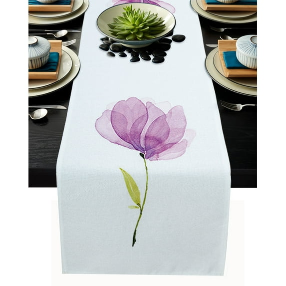Table Runner Dresser Scarves 60 Inch Long, Abstract Art Blossoming Floral Art Linen Dining Table Runners Watercolor Purple Flower on White Tabletop Scarf for Wedding Holiday Party Kitchen