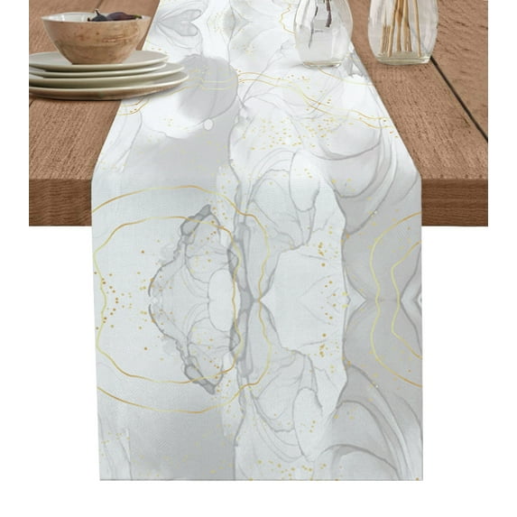 Table Runner Dresser Scarves 60 Inch Long, Abstract White Grey Marble Stone Linen Dining Table Runners Natural Agate with Gold Line Tabletop Scarf for Wedding Holiday Party Kitchen