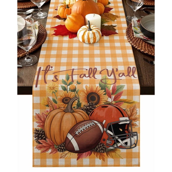 Table Runner Dresser Scarves 60 Inch Long,Autumn Leaves Pumpkin Rugby Helmet Linen Dining Table Runners