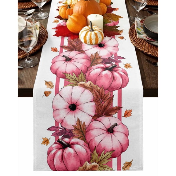 Table Runner Dresser Scarves 60 Inch Long,Autumn Pink Pumpkin Maple Leaf Linen Dining Table Runners