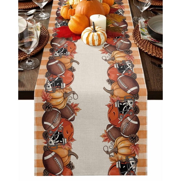 Table Runner Dresser Scarves 60 Inch Long,Autumn Pumpkin Rugby Helmet on Linen Linen Dining Table Runners