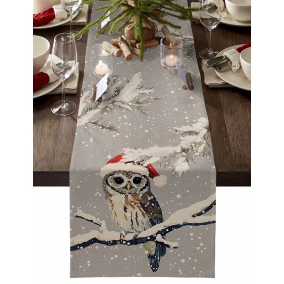 Table Runner Dresser Scarves 60 Inch Long, Christmas Owl Bird with Xmas Hat Linen Dining Table Runners Tree Branch Snow Scene on Gray Tabletop Scarf for Wedding Holiday Party Kitchen