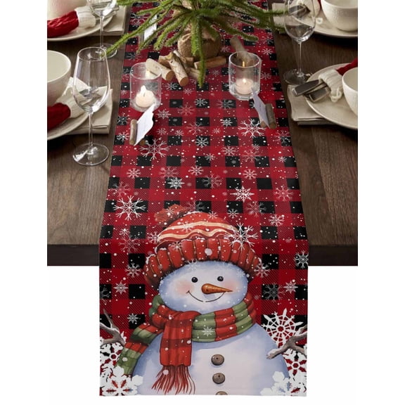 Table Runner Dresser Scarves 60 Inch Long,Cute Snowman Red Black Buffalo Plaid Linen Dining Table Runners