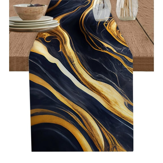 Table Runner Dresser Scarves 60 Inch Long, Dark Blue Marble Texture with Gold Line Linen Dining Table Runners Natural Cracks Granite Stone Tabletop Scarf for Wedding Holiday Party Kitchen