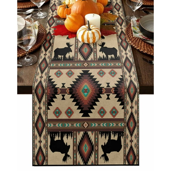 Table Runner Dresser Scarves 60 Inch Long,Ethnic Abstract Square Triangle on Brown Linen Dining Table Runners Wild Elk Reindeer Silhouette Tabletop Scarf for Wedding Holiday Party Kitchen