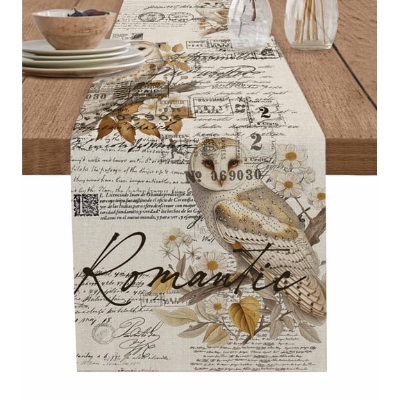 Table Runner Dresser Scarves 60 Inch Long,Farm Owl Tree Branch Flower Plant Linen Dining Table Runners Retro Letter Postmark on Linen Tabletop Scarf for Wedding Holiday Party Kitchen