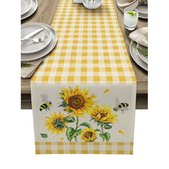 Table Runner Dresser Scarves 60 Inch Long, Farm Sunflowers with Bees Linen Dining Table Runners Yellow Buffalo Linen Plaid Tabletop Scarf for Wedding Holiday Party Kitchen