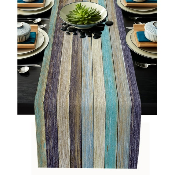 Table Runner Dresser Scarves 60 Inch Long, Farmhouse Barn Wooden Plank Linen Dining Table Runners Colorful Rustic Retro Wood Tabletop Scarf for Wedding Holiday Party Kitchen