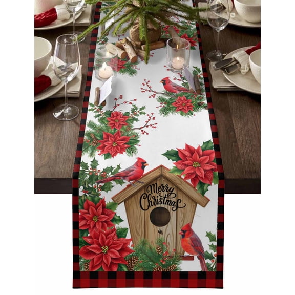 Table Runner Dresser Scarves 60 Inch Long,Farmhouse Red Bird Poinsettia Linen Dining Table Runners