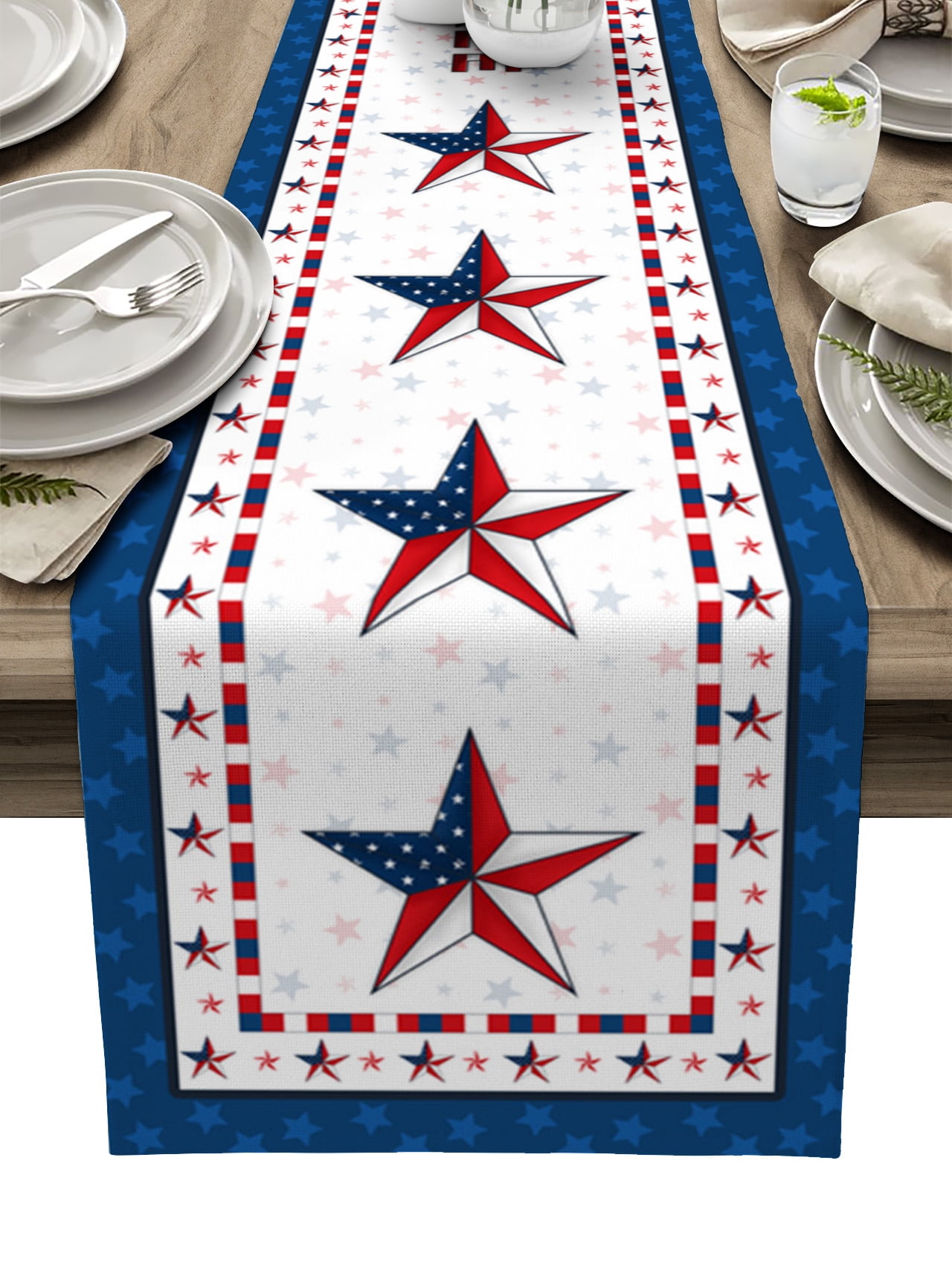 Table Runner Dresser Scarves 60 Inch Long, Flag Day Red Blue Patriotic Star on White Linen Dining Table Runners Freedom Independence Celebration Tabletop Scarf for Wedding Holiday Party Kitchen