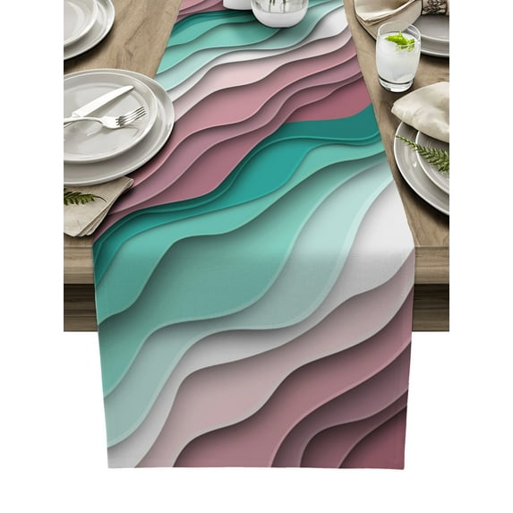 Table Runner Dresser Scarves 60 Inch Long, Geometric Wave Line Teal Pink Gradient Linen Dining Table Runners Modern Abstract Ocean Beach Tabletop Scarf for Wedding Holiday Party Kitchen