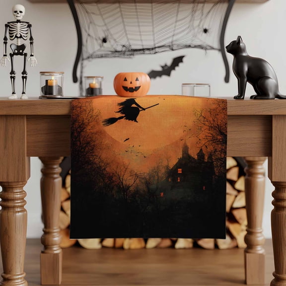 Table Runner Dresser Scarves 60 Inch Long,Halloween Witch Haunted Castle Linen Dining Table Runners Full Moon Tree Orange Black Tabletop Scarf for Wedding Holiday Party Kitchen