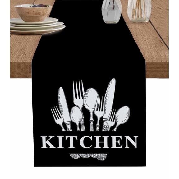 Table Runner Dresser Scarves 60 Inch Long,Home Kitchen Knife Fork Spoon Linen Dining Table Runners Tableware Black White Tabletop Scarf for Wedding Holiday Party Kitchen