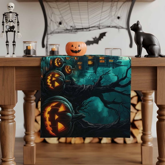Table Runner Dresser Scarves 60 Inch Long,Horror Halloween Haunted Castle Linen Dining Table Runners Pumpkin Ghost Face Bare Tree Tabletop Scarf for Wedding Holiday Party Kitchen