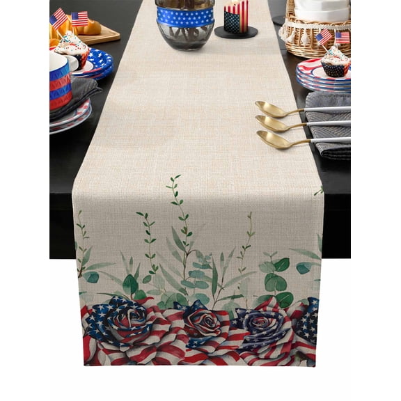 Table Runner Dresser Scarves 60 Inch Long,Independence Day Eucalyptus Leaf Flower Linen Dining Table Runners Retro Linen USA Flag Tabletop Scarf for Wedding Holiday Party Kitchen