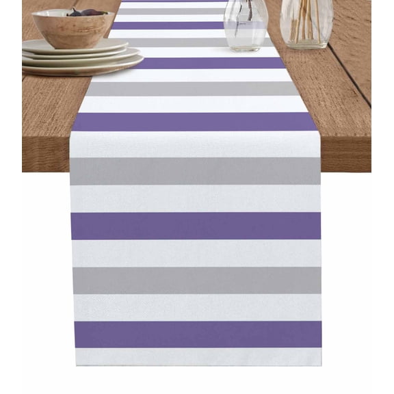 Table Runner Dresser Scarves 60 Inch Long,Modern Minimalist Purple Gray Stripe Linen Dining Table Runners Geometric Line Art Tabletop Scarf for Wedding Holiday Party Kitchen