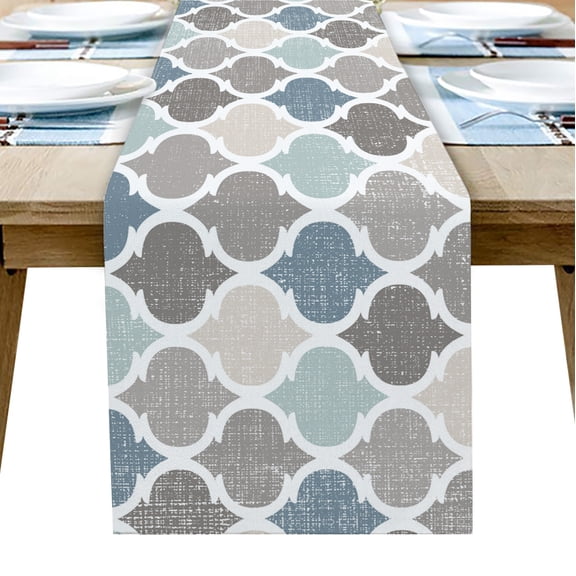 Table Runner Dresser Scarves 60 Inch Long, Moroccan Geometric Quatrefoil Plaid Linen Dining Table Runners Blue Grey Tile Lattice on Linen Tabletop Scarf for Wedding Holiday Party Kitchen