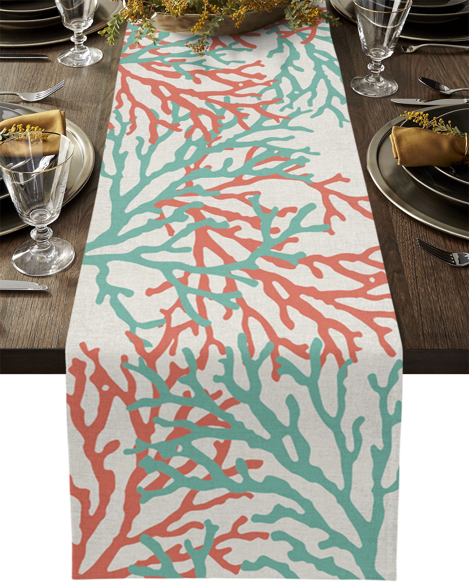 Table Runner Dresser Scarves 60 Inch Long, Ocean Teal and Orange Sea Coral on Linen Linen Dining Table Runners Nautical Abstract Marine Life Tabletop Scarf for Wedding Holiday Party Kitchen