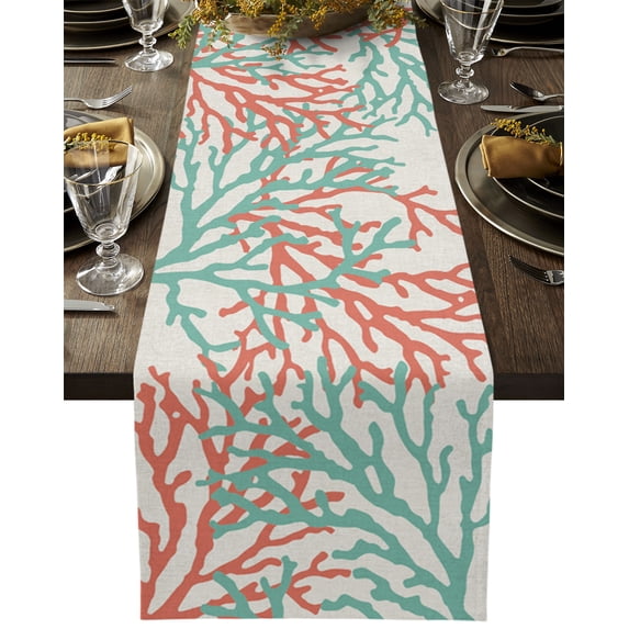 Table Runner Dresser Scarves 60 Inch Long, Ocean Teal and Orange Sea Coral on Linen Linen Dining Table Runners Nautical Abstract Marine Life Tabletop Scarf for Wedding Holiday Party Kitchen