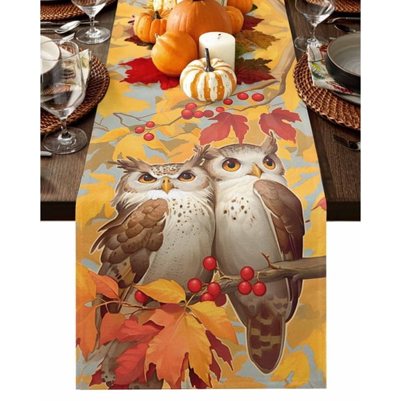 Table Runner Dresser Scarves 60 Inch Long,Owl Autumn Maple Tree Farm Berries Linen Dining Table Runners
