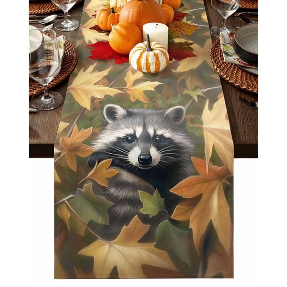 Table Runner Dresser Scarves 60 Inch Long,Raccoon Autumn Maple Leaves Linen Dining Table Runners