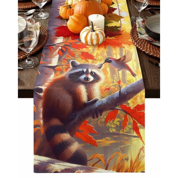 Table Runner Dresser Scarves 60 Inch Long,Raccoon Hummingbird Autumn Maple Tree Linen Dining Table Runners