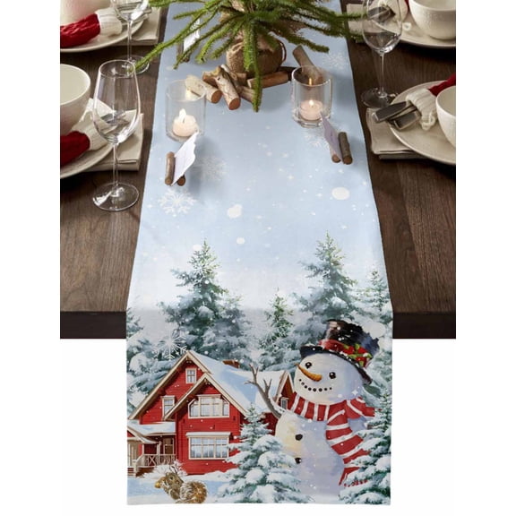 Table Runner Dresser Scarves 60 Inch Long,Red Farmhouse Snowman Linen Dining Table Runners