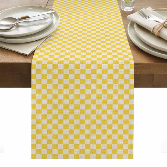 Table Runner Dresser Scarves 60 Inch Long,Retro Farm Beige Yellow Check Linen Dining Table Runners