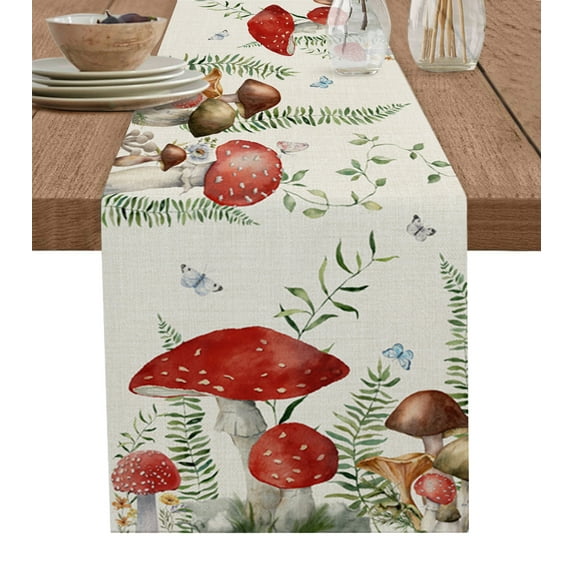 Table Runner Dresser Scarves 60 Inch Long, Rustic Farm Mushroom and Leaves Linen Dining Table Runners Butterfly on Vintage Linen Texture Tabletop Scarf for Wedding Holiday Party Kitchen