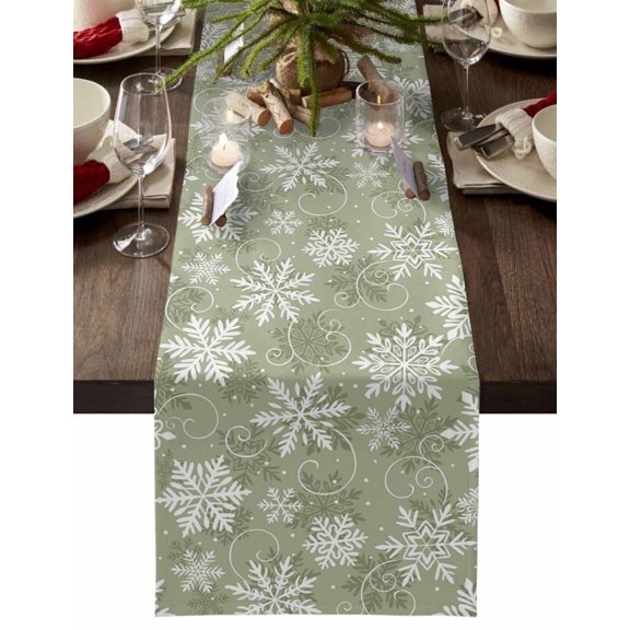 Table Runner Dresser Scarves 60 Inch Long,Sage Green Christmas Snowflake Linen Dining Table Runners