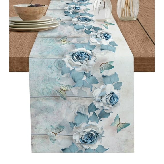 Table Runner Dresser Scarves 60 Inch Long, Spring Garden Blue Flower with Butterfly Linen Dining Table Runners Watercolor Floral and Marble Stone Tabletop Scarf for Wedding Holiday Party Kitchen