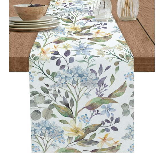 Table Runner Dresser Scarves 60 Inch Long, Spring Watercolor Garden Art Floral Plants Linen Dining Table Runners Botanical Leaves Foliage on White Tabletop Scarf for Wedding Holiday Party Kitchen
