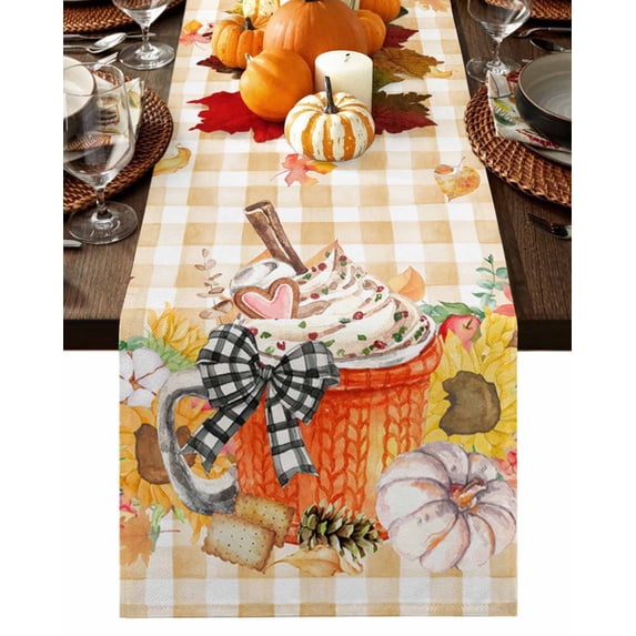 Table Runner Dresser Scarves 60 Inch Long,Thanksgiving Dessert Pumpkin Leaves Linen Dining Table Runners Flower Maple on Orange Grid Tabletop Scarf for Wedding Holiday Party Kitchen