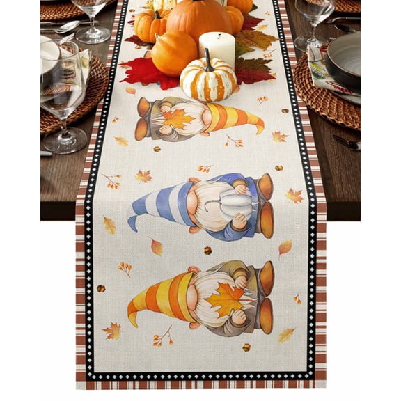 Table Runner Dresser Scarves 60 Inch Long,Thanksgiving Dwarf Pumpkin Maple Leaf Linen Dining Table Runners Fall Leaves on Flax Brown Stripe Tabletop Scarf for Wedding Holiday Party Kitchen