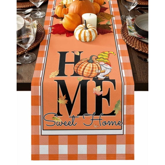 Table Runner Dresser Scarves 60 Inch Long,Thanksgiving Fall Pumpkin Dwarf Maple Leaf Linen Dining Table Runners Sweet Home Orange Lattice Tabletop Scarf for Wedding Holiday Party Kitchen