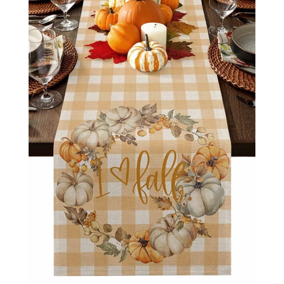 Table Runner Dresser Scarves 60 Inch Long,Thanksgiving Fall Watercolor Pumpkin Linen Dining Table Runners Maple Leaf on Orange Plaid Flax Tabletop Scarf for Wedding Holiday Party Kitchen