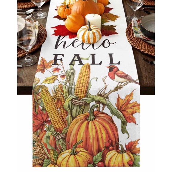 Table Runner Dresser Scarves 60 Inch Long,Thanksgiving Hello Fall Harvest Pumpkin Linen Dining Table Runners Corn Maple Leaves Wheat Tabletop Scarf for Wedding Holiday Party Kitchen