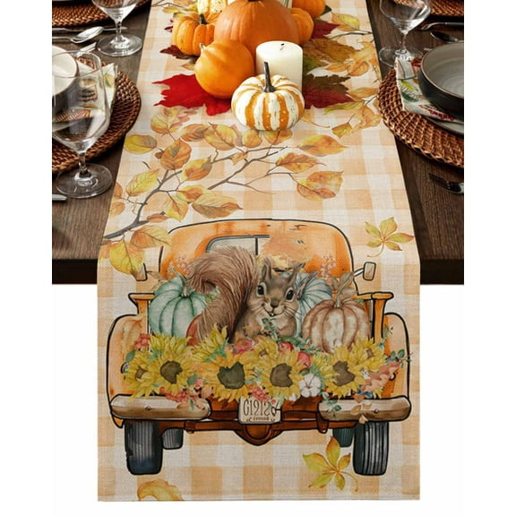 Table Runner Dresser Scarves 60 Inch Long,Thanksgiving Truck Pumpkin Squirrel Linen Dining Table Runners Fall Maple Leaf on Orange Plaid Tabletop Scarf for Wedding Holiday Party Kitchen
