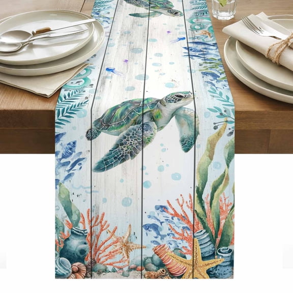 Table Runner Dresser Scarves 60 Inch Long,Underwater Life Sea Turtle Starfish Linen Dining Table Runners