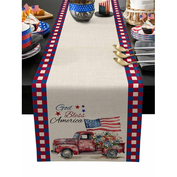 Table Runner Dresser Scarves 60 Inch Long,Vintage Bless America Text Truck Floral Linen Dining Table Runners USA Flag Buffalo Linen Tabletop Scarf for Wedding Holiday Party Kitchen