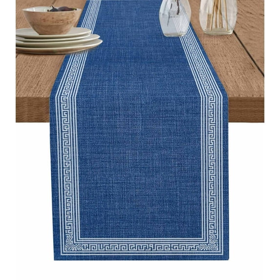 Table Runner Dresser Scarves 60 Inch Long,Vintage Key Design Navy Blue Linen Dining Table Runners Greece Inspired Stripe Tabletop Scarf for Wedding Holiday Party Kitchen
