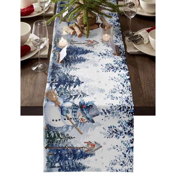 Table Runner Dresser Scarves 60 Inch Long,Watercolor Blue Winter Snowflake Leaf Linen Dining Table Runners