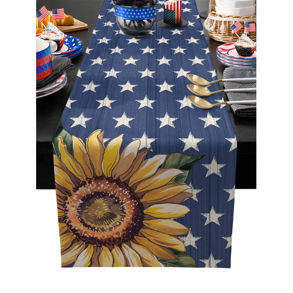 Table Runner Dresser Scarves 60 Inch Long,Watercolor Sunflower Stars on Blue Linen Dining Table Runners Summer USA Rustic Theme Tabletop Scarf for Wedding Holiday Party Kitchen