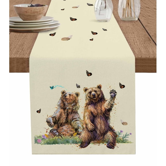 Table Runner Dresser Scarves 60 Inch Long,Watercolor Wild Cute Bear on Grass Butterfly Linen Dining Table Runners Cartoon Animal on Yellow Tabletop Scarf for Wedding Holiday Party Kitchen