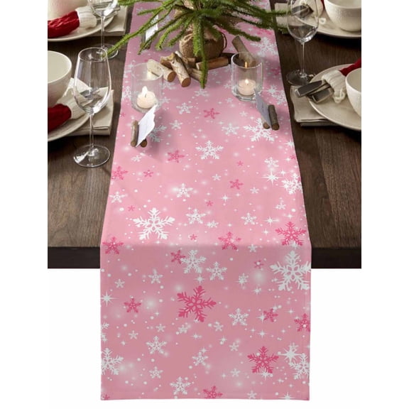 Table Runner Dresser Scarves 60 Inch Long,Winter Pink White Snowflake Linen Dining Table Runners