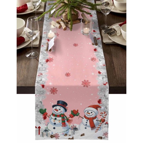Table Runner Dresser Scarves 60 Inch Long,Winter Snowman Snowflake on Pink Linen Dining Table Runners