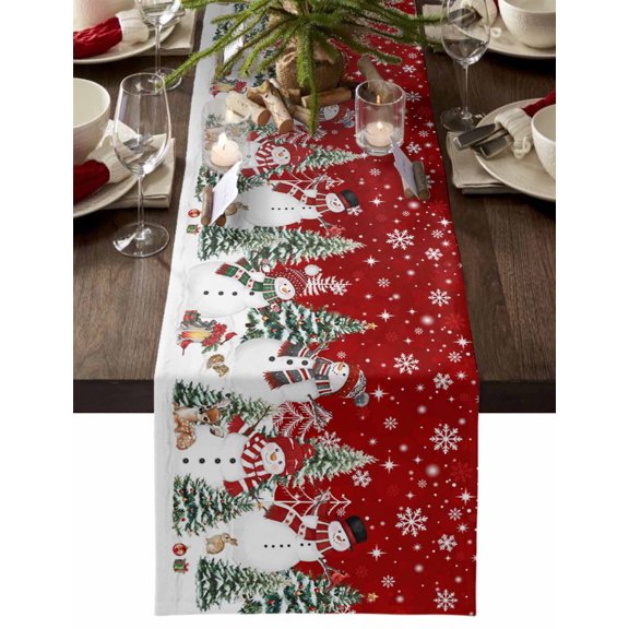 Table Runner Dresser Scarves 60 Inch Long,Winter Snowman Snowflake on Red Linen Dining Table Runners